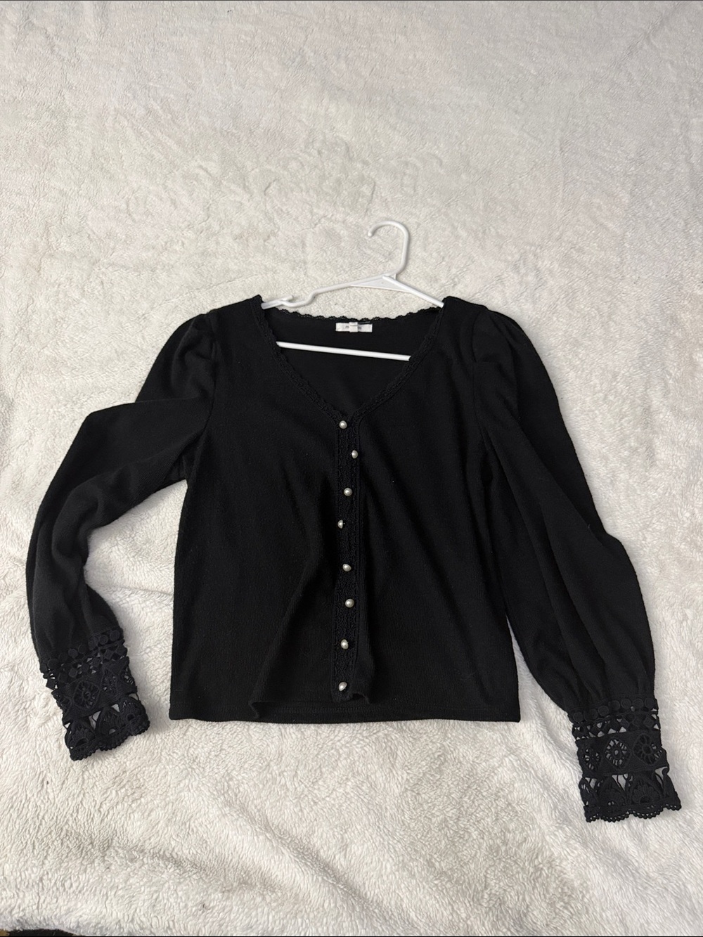 Maurices Black V-Neck Long-Sleeve Button Top with Lace Cuffs